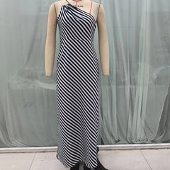 Positioning Diagonal Stripe Asymmetric Sling Dresses