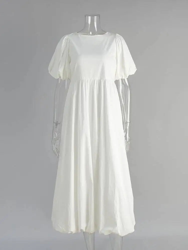 Simple Casual Round Neck Bubble Sleeve Pleated Dresses