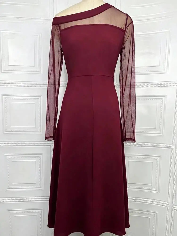 Elegant Diagonal Collar Long Sleeved Mesh Patchwork Dresses