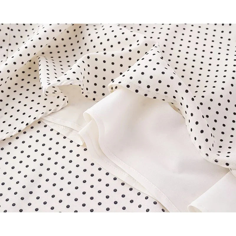 French Lace Trim V Neck Polka Dot Dresses Short Sleeve A-line Midi Elegant Summer Dresses