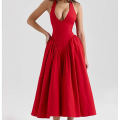 Red Elegant Slim Evening Party Dresses Sexy Backless Low Waist A-line Midi Long Halter Dresses
