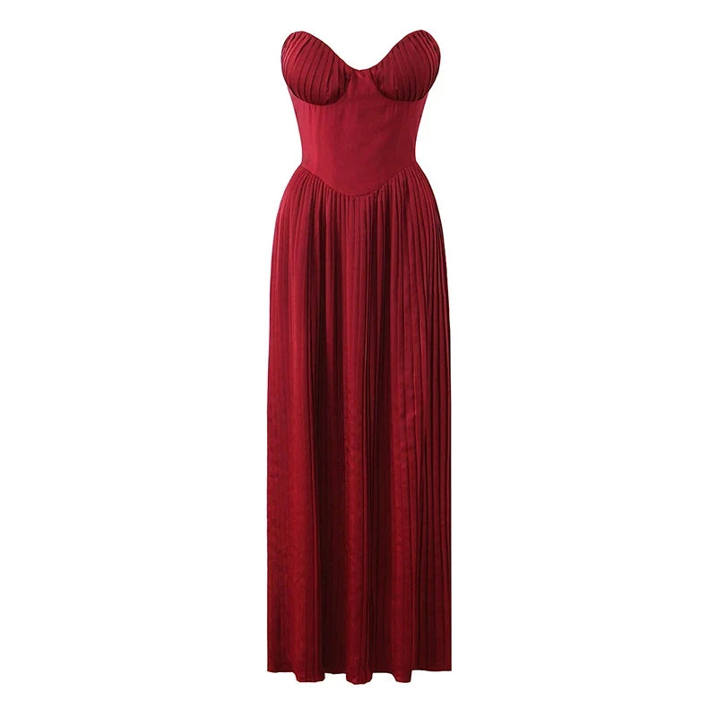 Sexy Elegant Wine Red Pleated Strapless Dresses Fit And Flare Long Evening Party Dresses