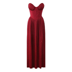 Sexy Elegant Wine Red Pleated Strapless Dresses Fit And Flare Long Evening Party Dresses