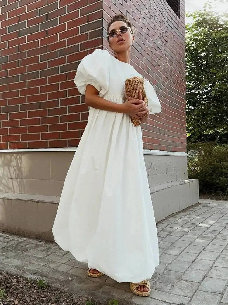 Simple Casual Round Neck Bubble Sleeve Pleated Dresses