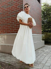 Simple Casual Round Neck Bubble Sleeve Pleated Dresses