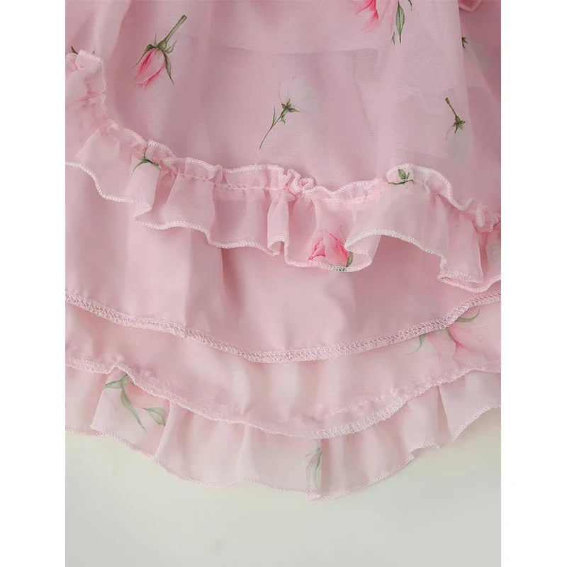 Sweet Girls Pink Ditsy Floral Chiffon Mini Dresses
