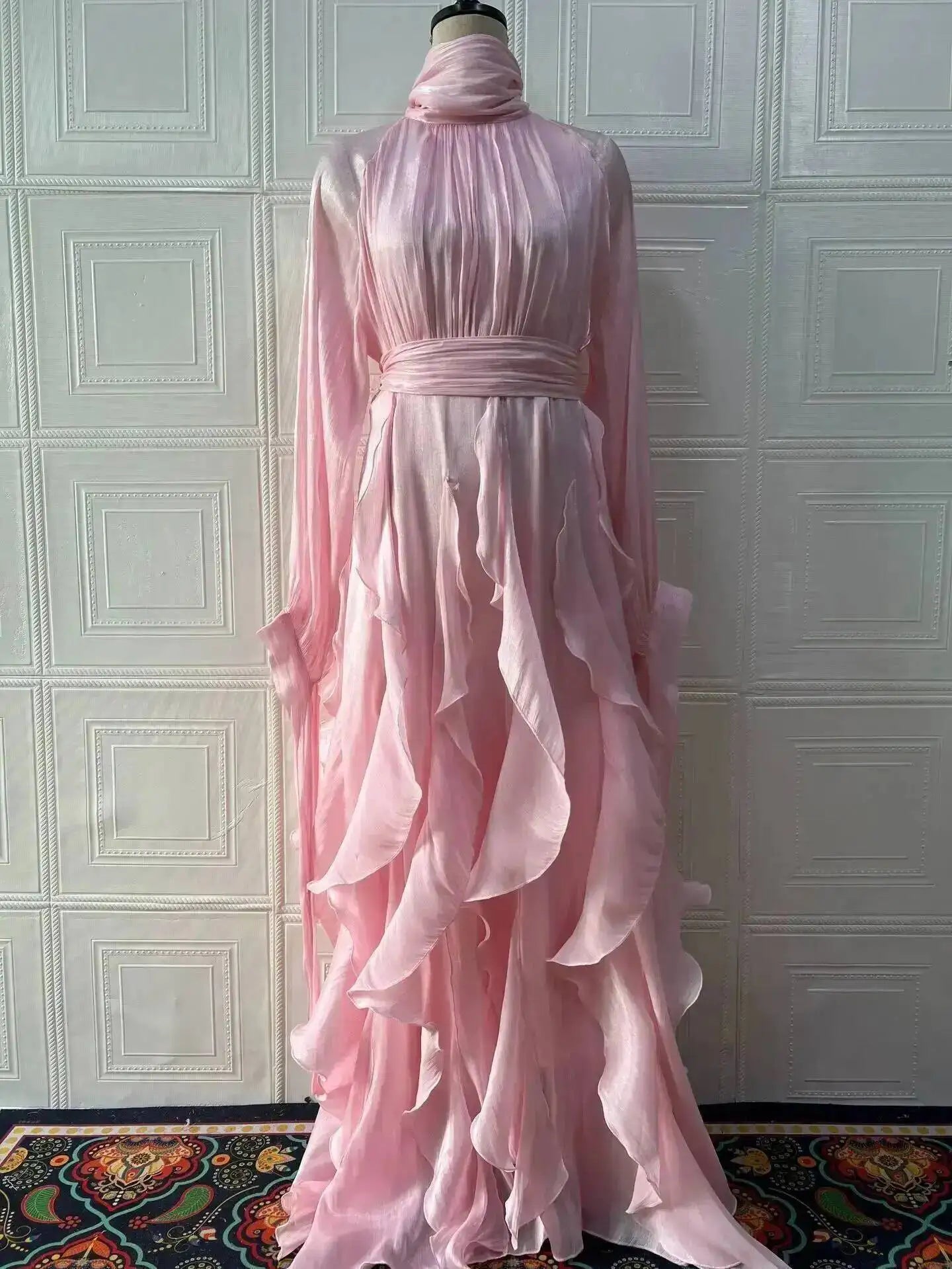 early autumn turtleneck full sleeves shinny ruffles pullover Arabic styles floor length vacation Dresses