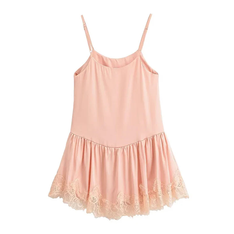 Lace Trim Spaghetti Strap Ruffle Hem Satin Sling Mini Dresses