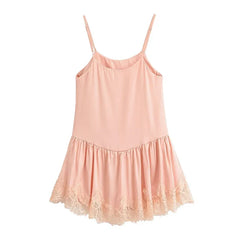 Lace Trim Spaghetti Strap Ruffle Hem Satin Sling Mini Dresses