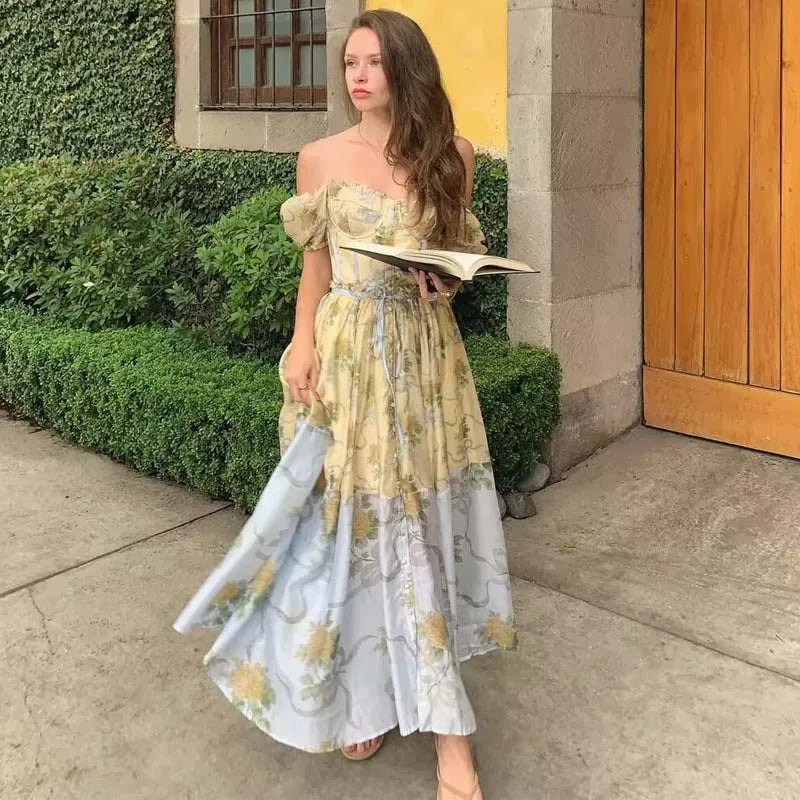 Patchwork Floral Print Boho Summer Dresses Vintage Puff Sleeve A-line Midi Chiffon Dresses