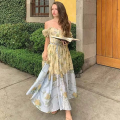 Patchwork Floral Print Boho Summer Dresses Vintage Puff Sleeve A-line Midi Chiffon Dresses