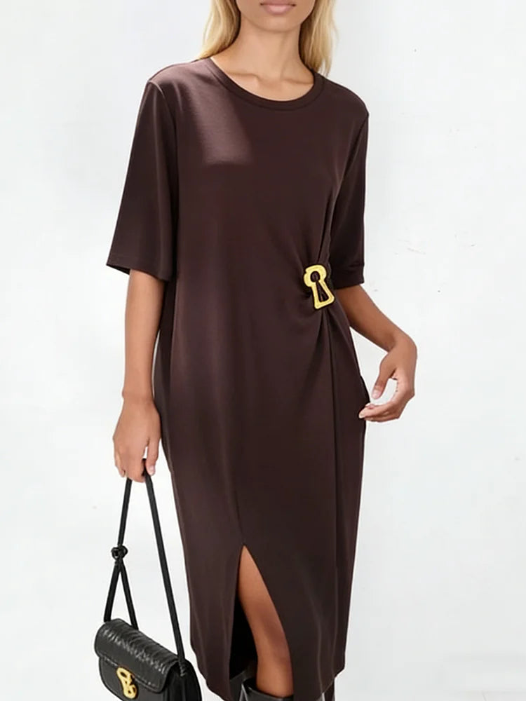 French Style Niche Metal Buckle Design Pleated Waist Short Sleeves Loose Casual Solid Color Dresses Summer