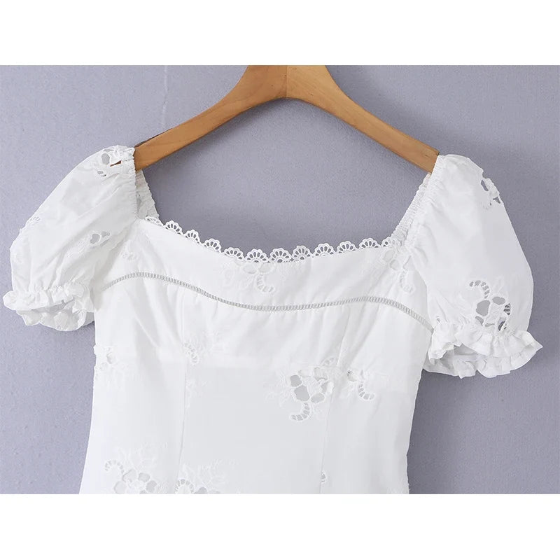 Hollow Out Embroidery White Mini Dresses