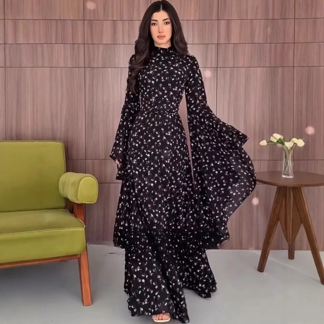 Summer Turtleneck Long Flare Sleeves Printing Elegant Waist-Cinching Formal Dresses