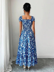 Elegant Charming Long Dress, Lightweight Woven Floral Puff Sleeve Open Back Shirred Waist Slim Dresses