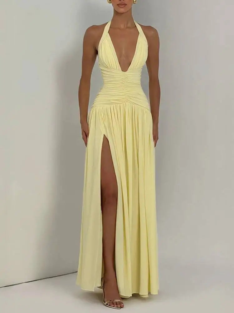 Temperament Hanging Neck Exposed Back Pleated Waist Slit Dresses