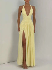 Temperament Hanging Neck Exposed Back Pleated Waist Slit Dresses