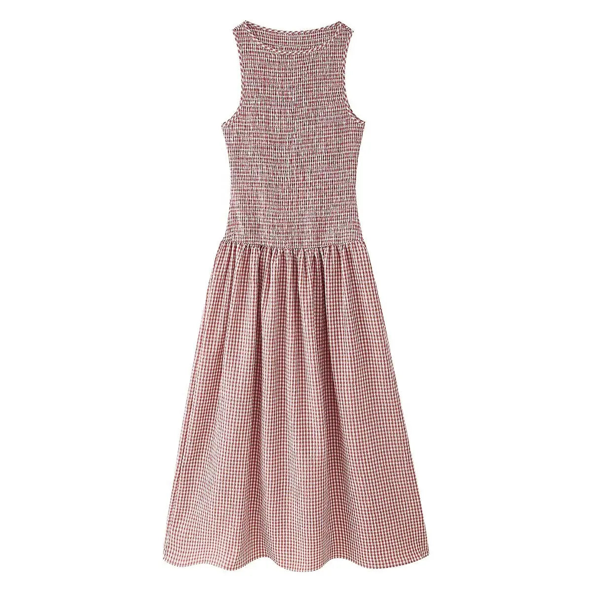 Summer O Neck Sleeveless Vintage Casual Plaid Dresses Fit And Flare Summer Midi Long Dresses Female Vestidos