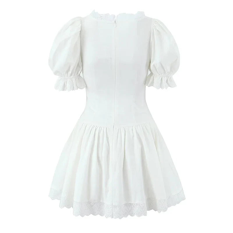 Lace Spliced Bow Beige White Sweet Dresses