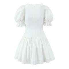 Lace Spliced Bow Beige White Sweet Dresses