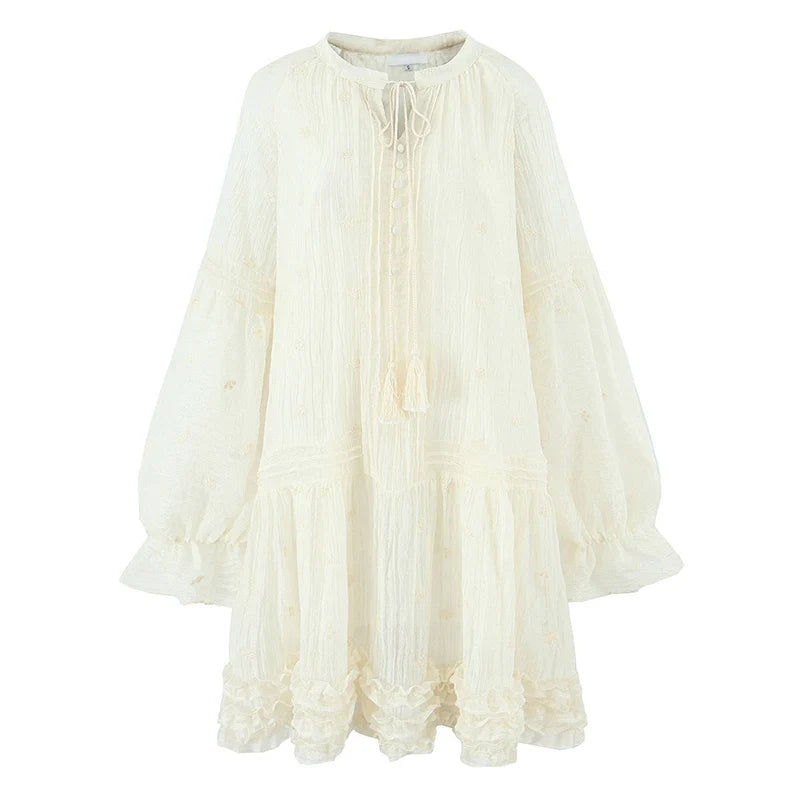Spring Summer Floral Embroidery Loose Short Dresses Long Sleeve Casual Holiday Dresses