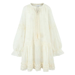 Spring Summer Floral Embroidery Loose Short Dresses Long Sleeve Casual Holiday Dresses
