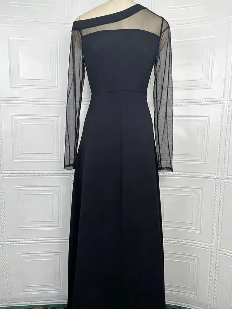 Elegant Diagonal Collar Long Sleeved Mesh Patchwork Dresses
