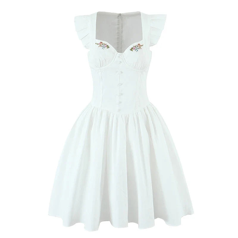 Floral Embroidery White Yellow Mini Dresses