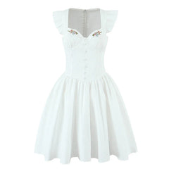 Floral Embroidery White Yellow Mini Dresses