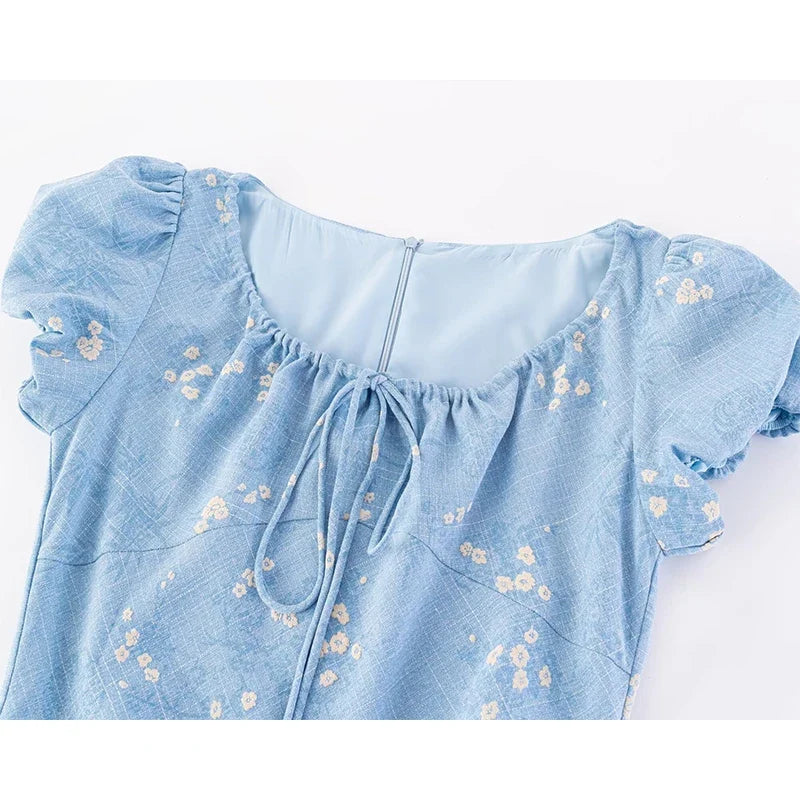 French Style Floral Print Elegant Dresses Vintage Puff Sleeve A-line Slim Summer Dresses