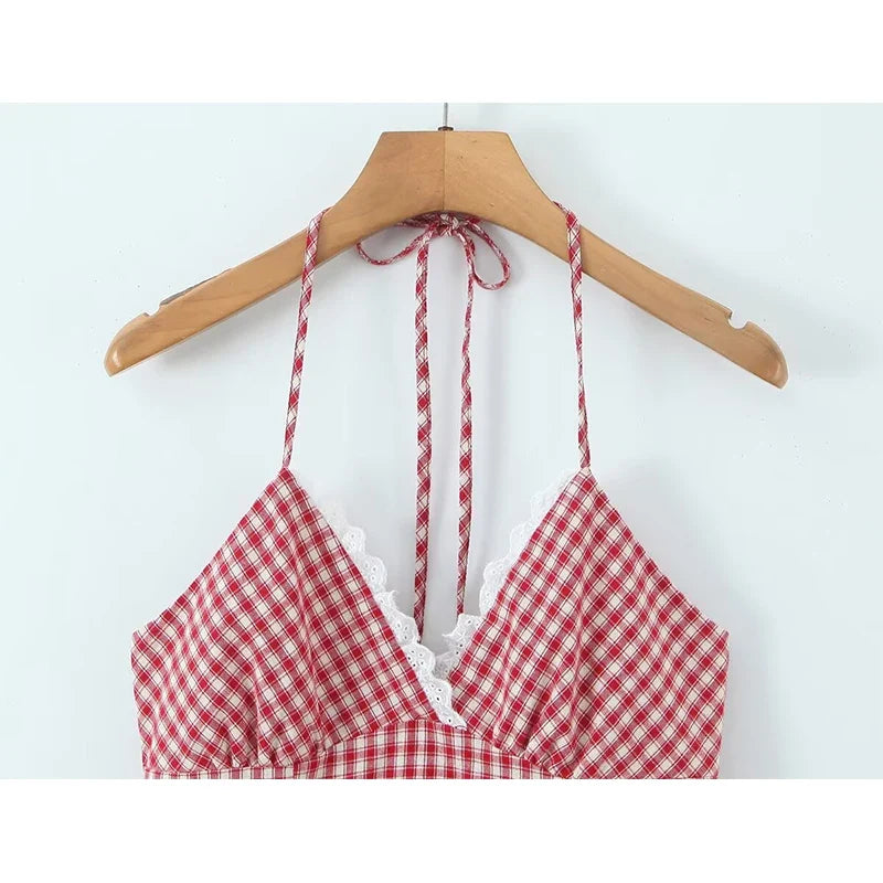 Sexy Backless Halter Mini Plaid Dresses
