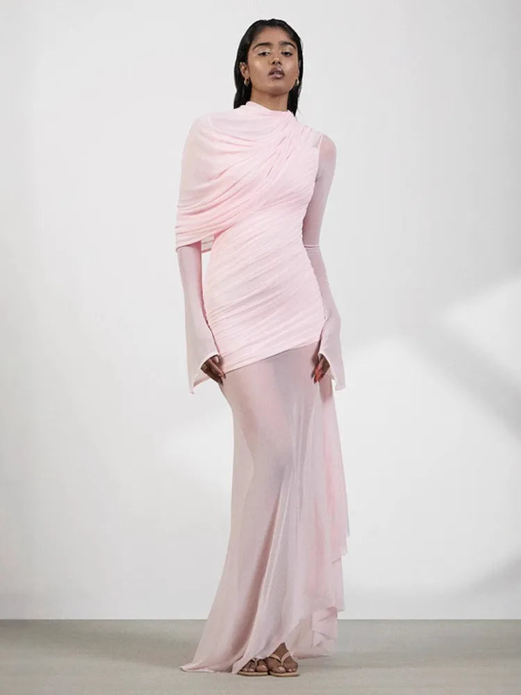 spring and autumn high neck full sleeves fake two pieces mesh spliced pleated asymmetrical Dresses