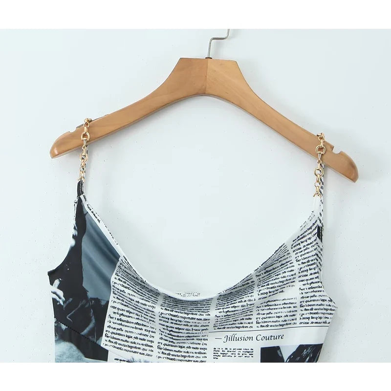 Newspaper Letter Print Irregular Hem Sling Dresses Backless Thin Straps With Chain Summer Sexy Dress