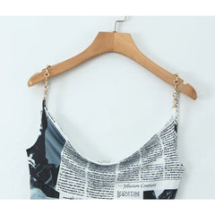 Newspaper Letter Print Irregular Hem Sling Dresses Backless Thin Straps With Chain Summer Sexy Dress