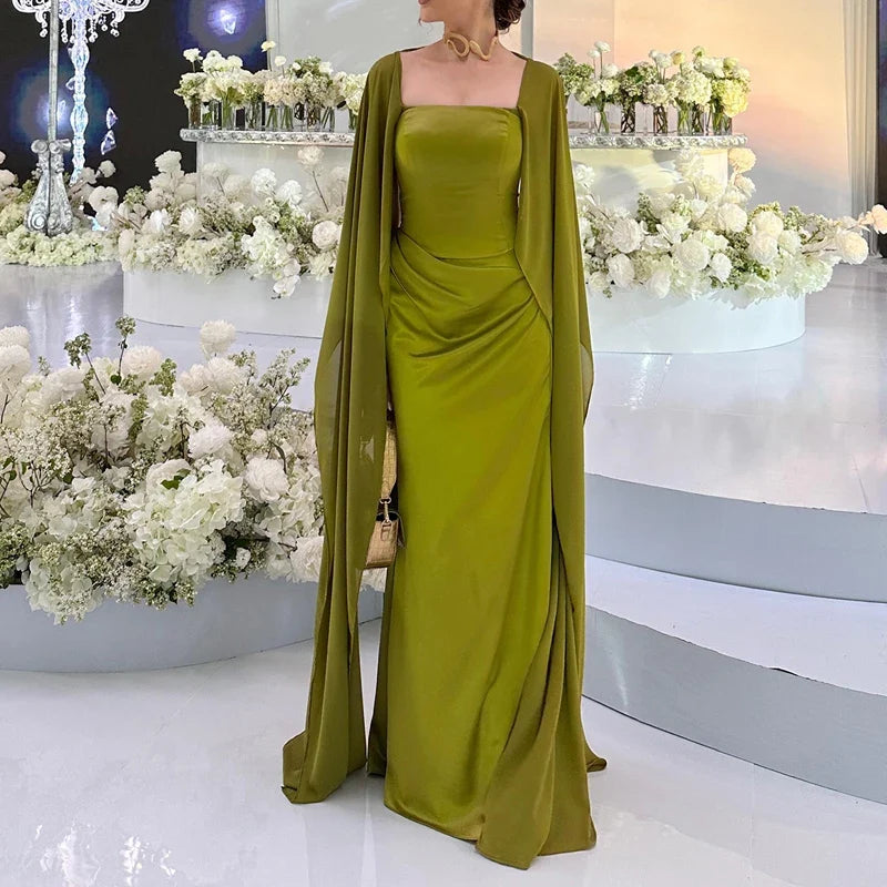 Sexy Backless Lace Up Bridesmaid Dresses Casual Square Neck Slim Fit Evening Gown Elegant Shawl Sleeves Solid Color Robe Dress
