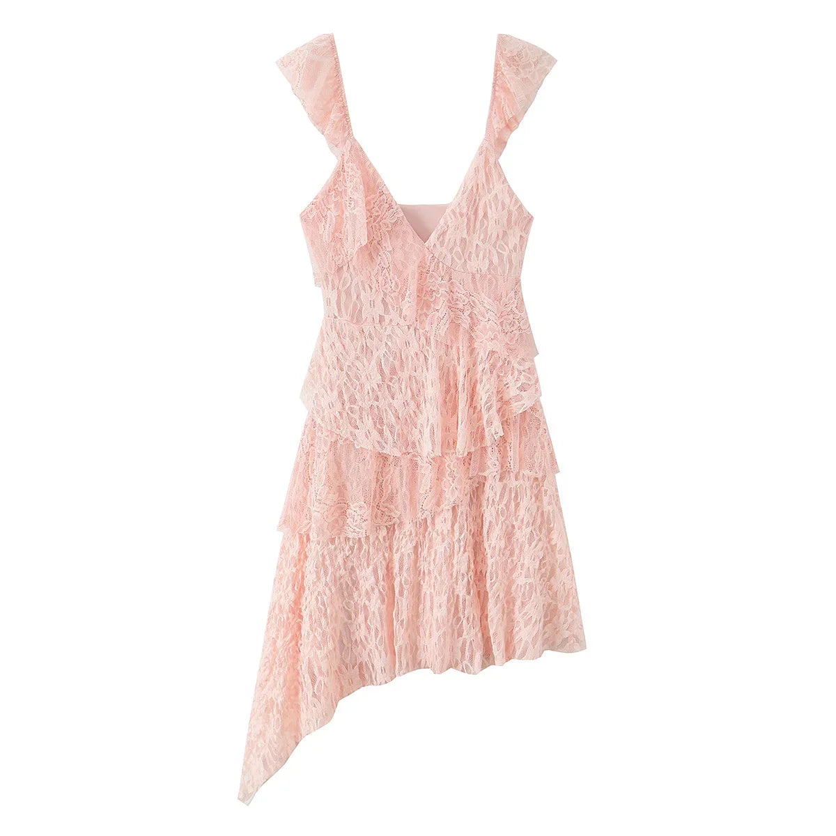 Asymmetrical Hem Pink Ruffle Lace Dresses