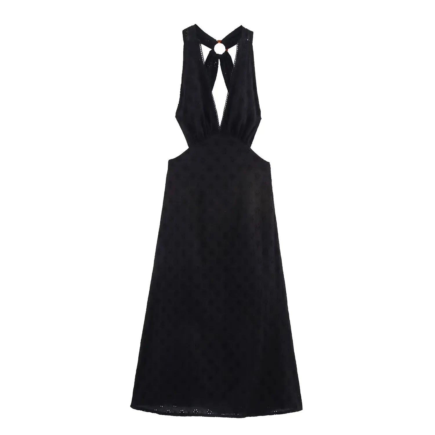 Summer Black Hollow Out Embroidery Halter Cutout Maxi Dresses
