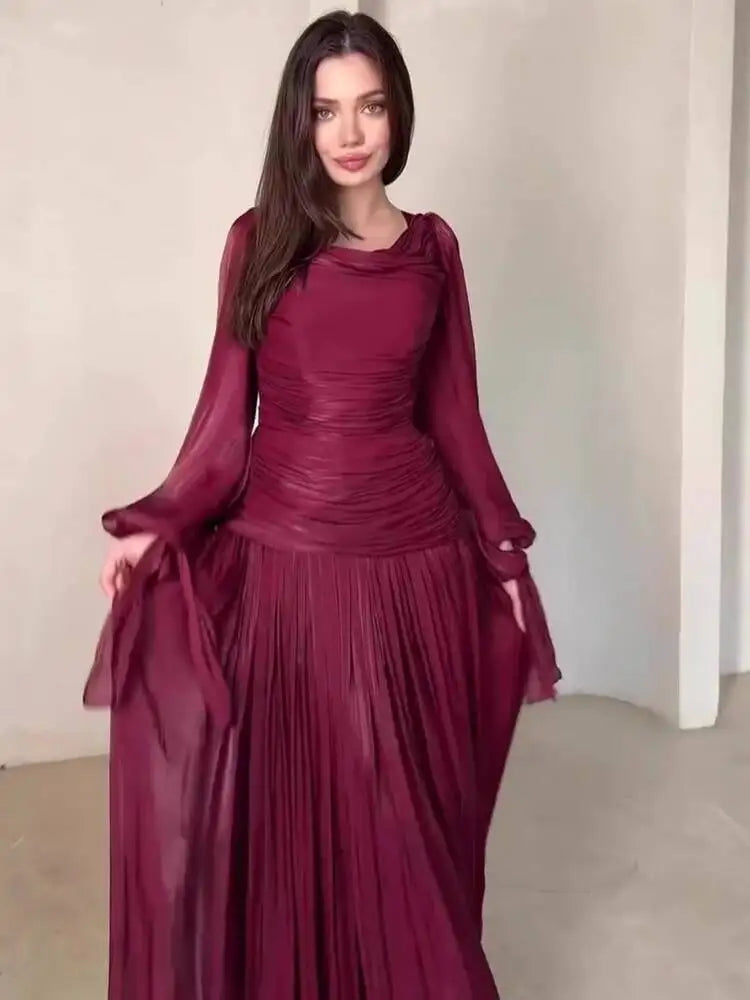 Temperament Round Neck Long Sleeved Pleated Waist Slimming Patchwork Dresses