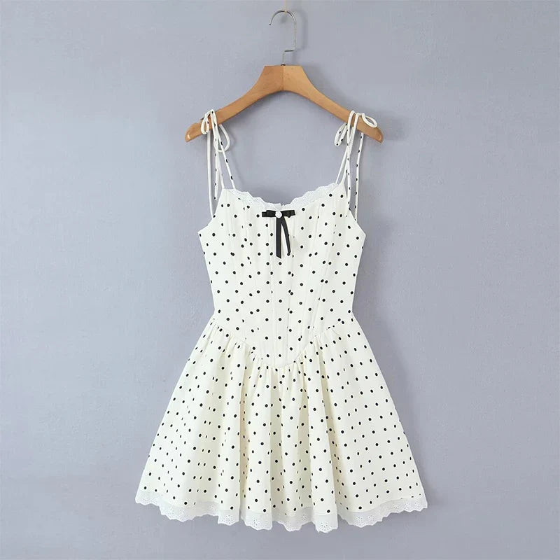 Sexy Sweet Girls Lace Trim Polka Dot Sling Mini Dresses Summer Low Waist A-line Vacation Party Dress