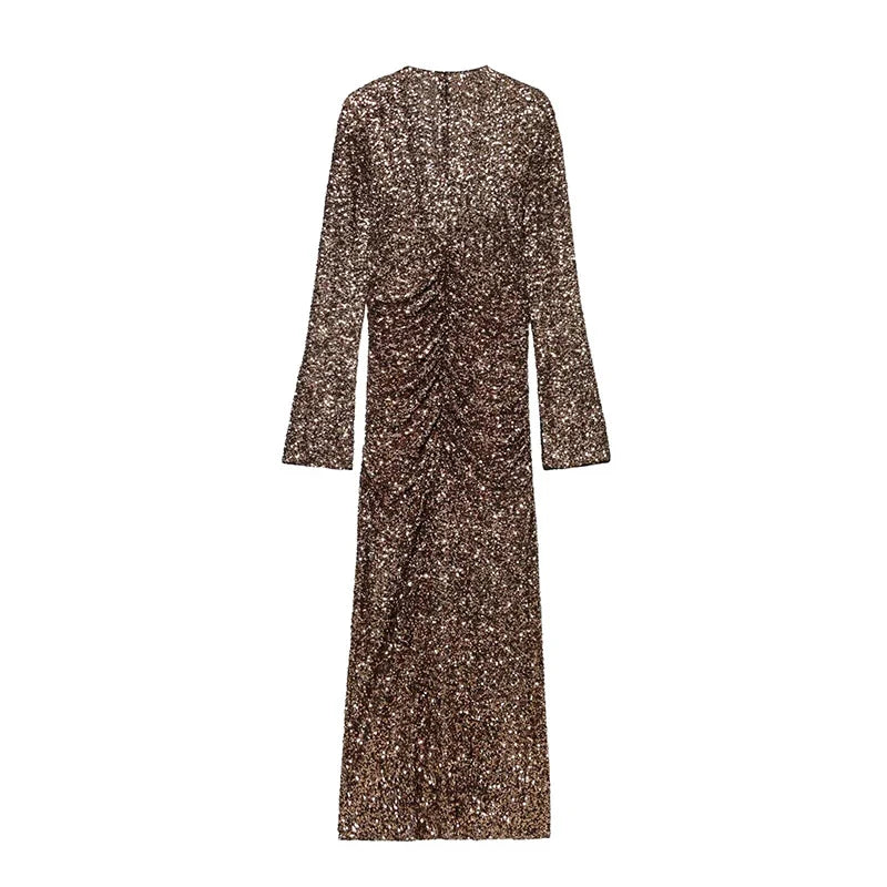 Side Draping V Neck Bodycon Long Sequin Dresses Party Sexy Maxi Vestidos