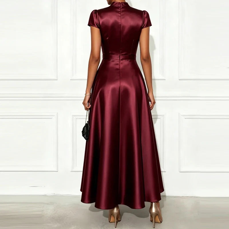 Ladies Elegant Temperament Party Long Dresses Simple Solid Color V Neck Short Sleeved Dresses