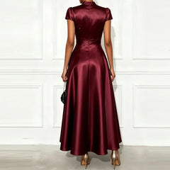 Ladies Elegant Temperament Party Long Dresses Simple Solid Color V Neck Short Sleeved Dresses