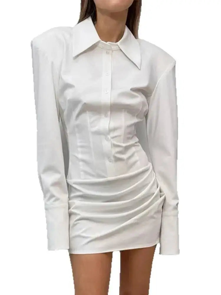 Fashionable Lapel Long Sleeved Pleated Waist Dresses