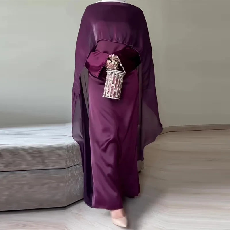 Luxury Purple Abaya With Chiffon Overlay Modest Islamic Long Dresses