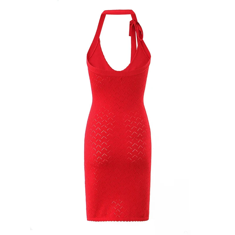 Summer Fit Slim Backless Halter Red Knit Dresses Bodycon Mini Sexy Dress