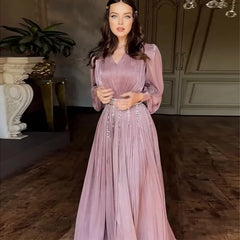 Sexy V-neck Pleated Sheer Long Sleeve Flared Dresses
