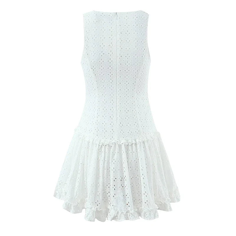 Summer Hollow Out Embroidery White Sleeveless Dresses