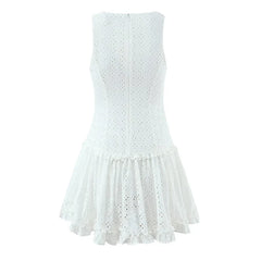 Summer Hollow Out Embroidery White Sleeveless Dresses