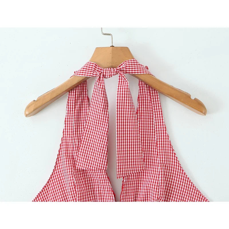 Sexy Backless Halter Red Plaid Dresses