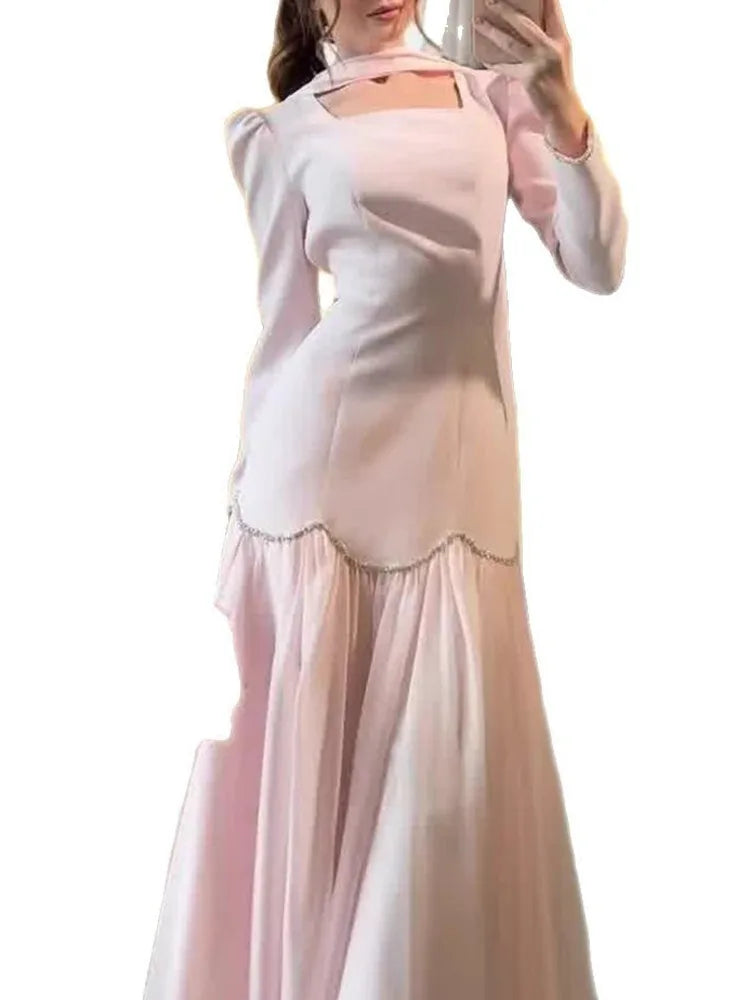 Autumn Square Collar Handmade Diamond Ribbon Long Sleeve Slimming Dresses
